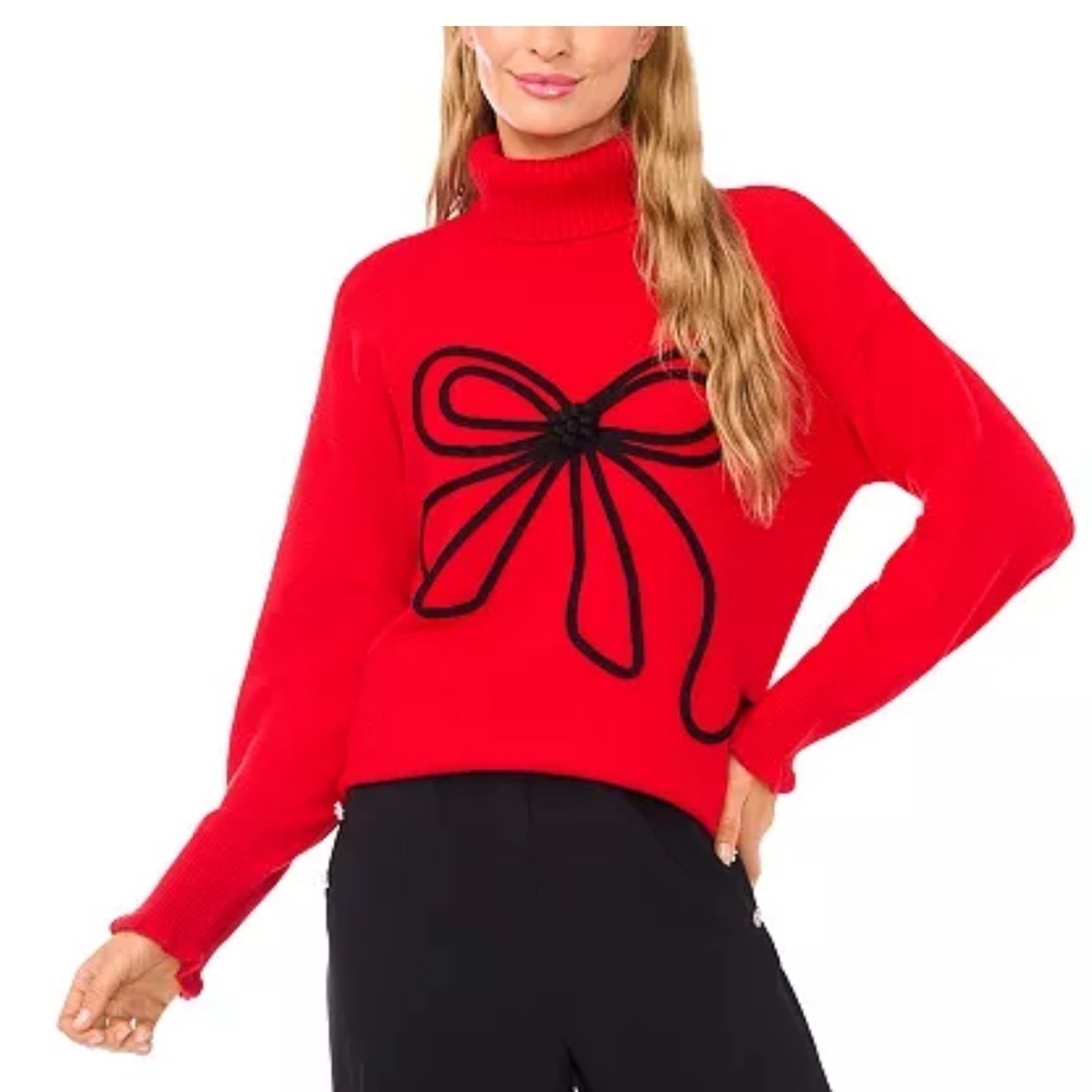 CeCe
Women's Embroidered Ribbon Turtleneck Sweater bright cherry red